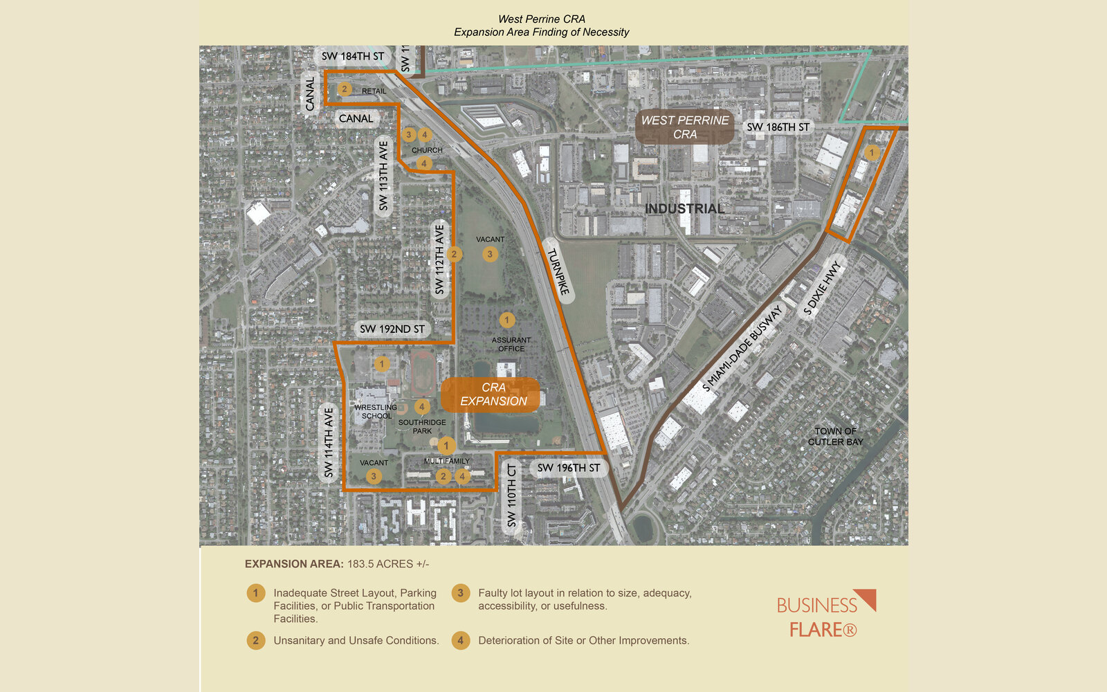 The proposed West Perrine CRA expansion area (~183.5 acres) along the Florida Turnpike, with documented slum and blight conditions keyed to the statutory criteria. BusinessFlare®.
